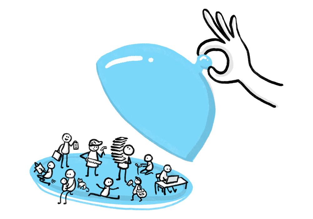 Illustration of people on a serving tray.
