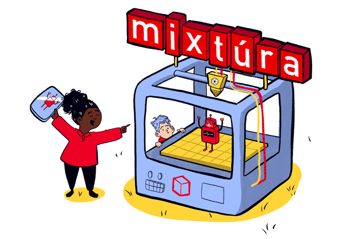 Illustration of a teacher and child working with a 3D printer.