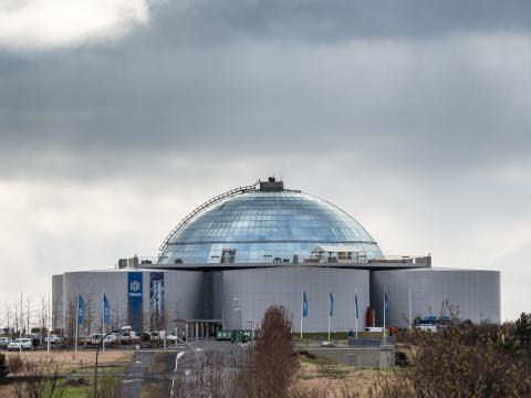 Perlan í Öskjuhlíð, grár himinn, smá tré í forgrunni