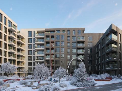 A rendering of the 'Bogi' artwork amid new buildings and landscaping.