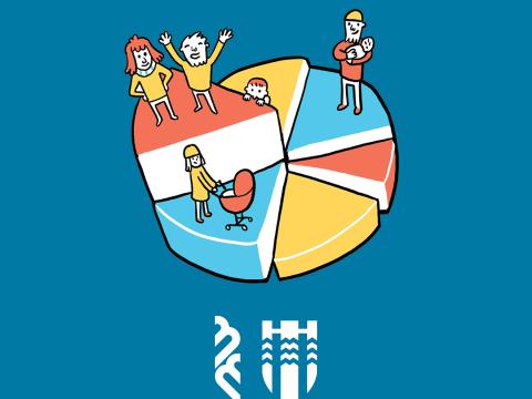 An illustrated image of people standing on slices of cake in a pie chart. A multicolored pie chart set against a blue background. The logos of Reykjavík City and Reykjavík City Library appear at the bottom.