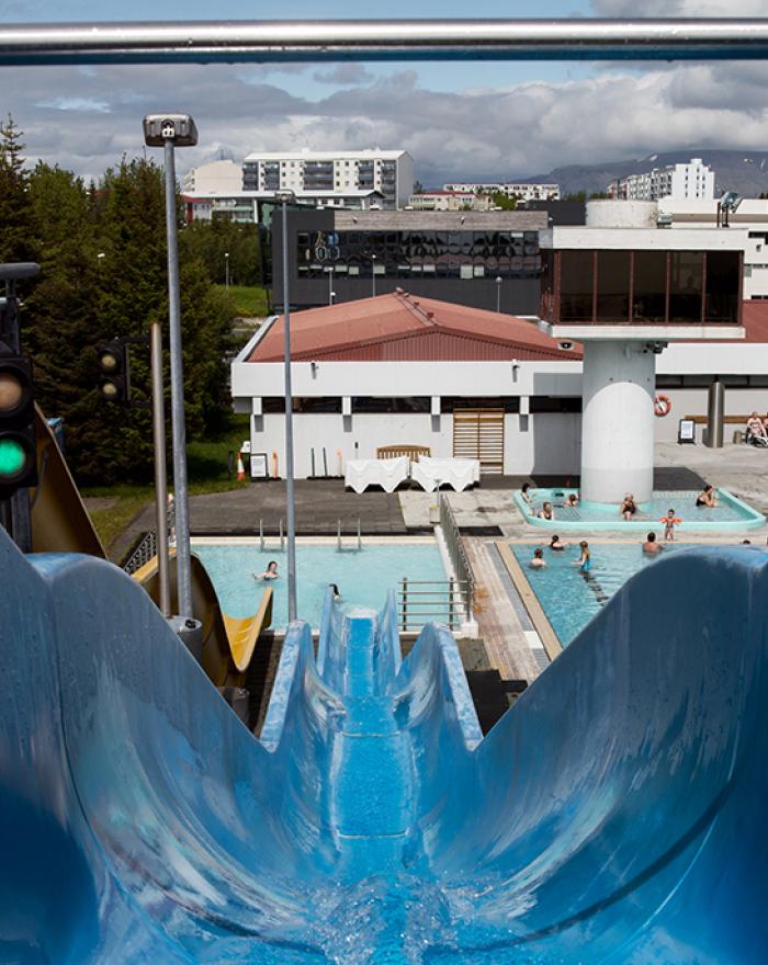 View down the large slide at Breiðholtslaug pool
