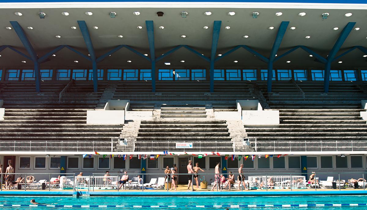 Grandstand and hot tubs at Laugardalslaug Pool