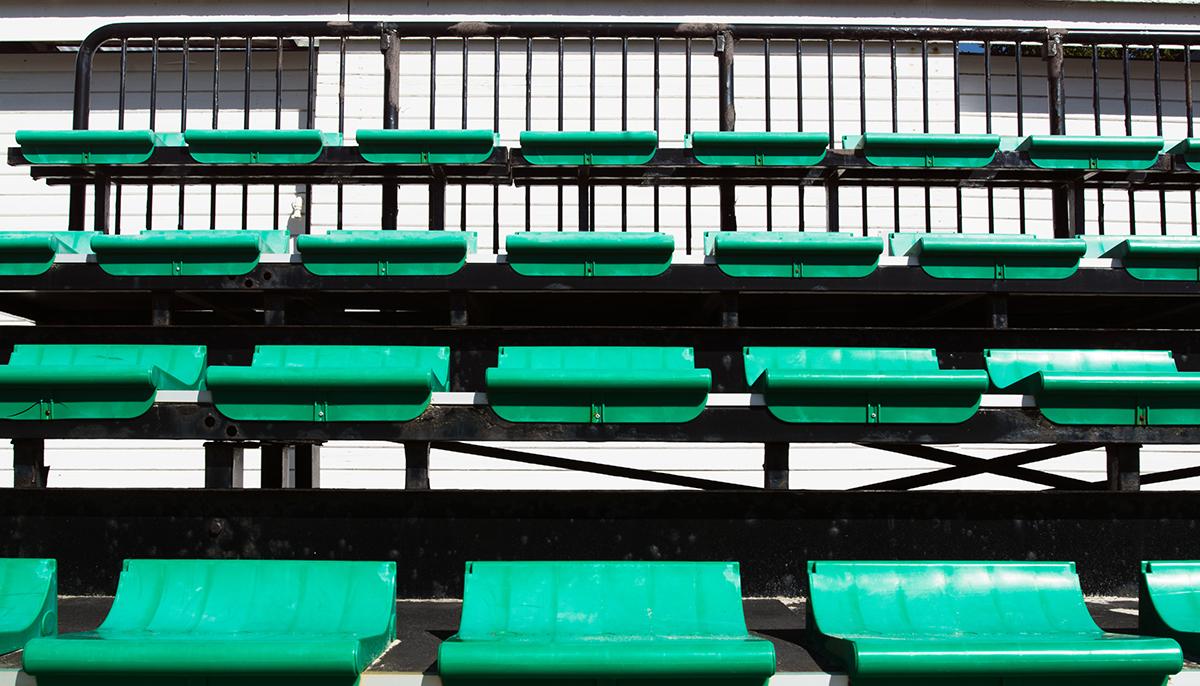 Grandstand seating overlooking the beach volleyball courts at Laugardalslaug Pool