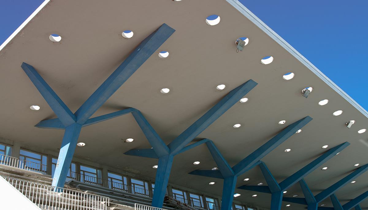 Interior view of the grandstand roof at Laugardalslaug Pool