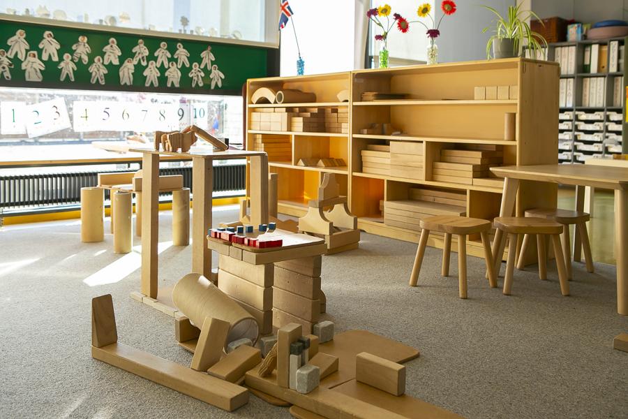 Wooden blocks and other toys at the Ævintýri location, part of Rauðhóll Preschool.