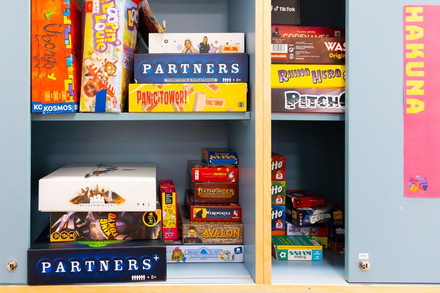 Board games on the shelf. 
