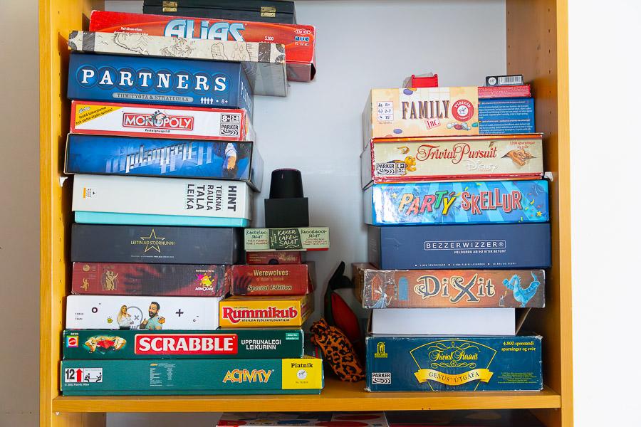 Board games on the shelf. 
