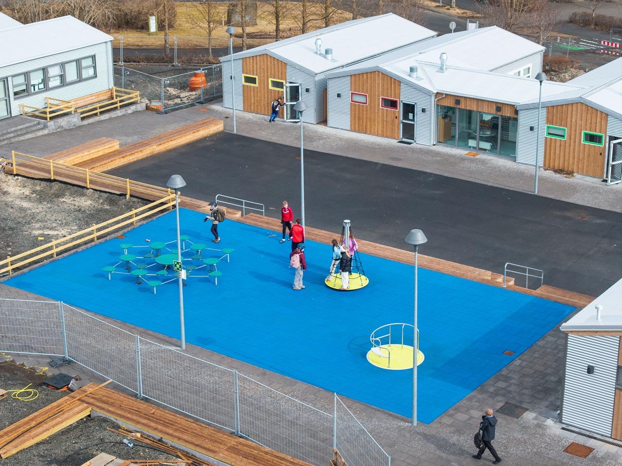 An aerial view of the temporary school campus in Laugardalur.
