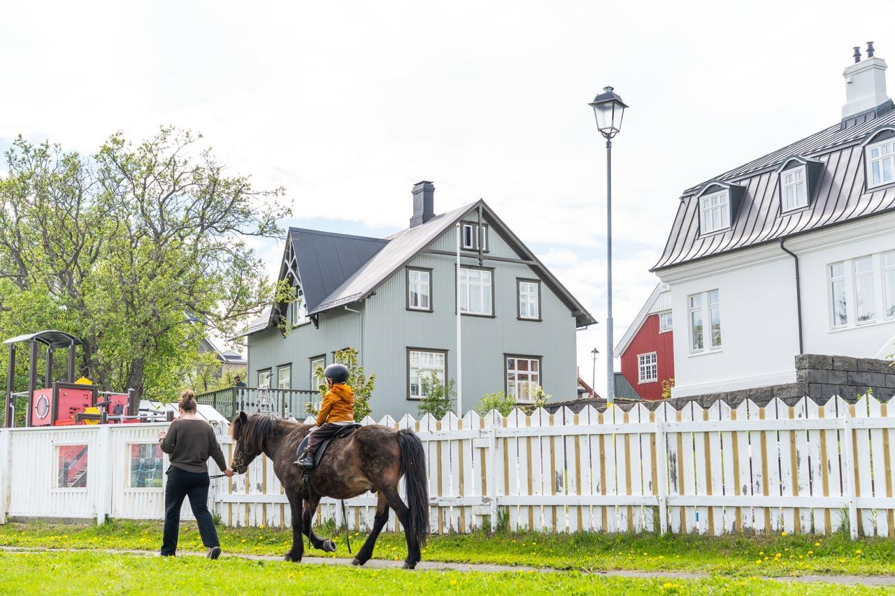 A child on horseback surrounded by adults.