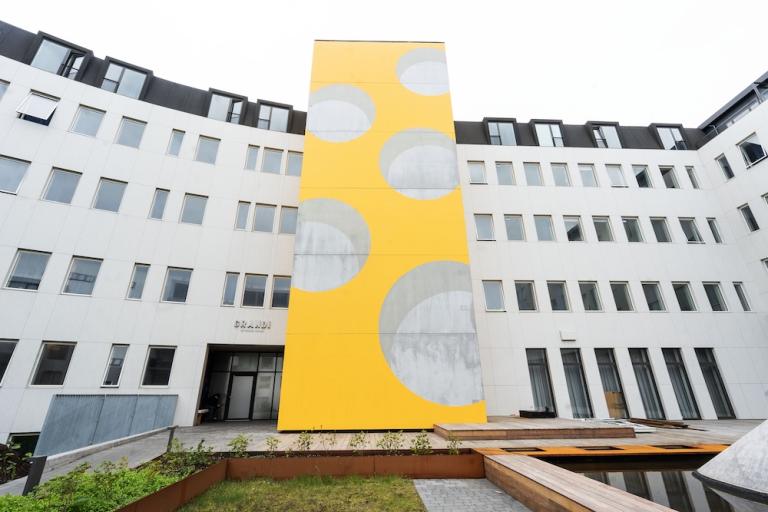 Hús með gulu listaverki