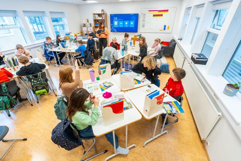 An interior view of a classroom at the new temporary school campus in Laugardalur.