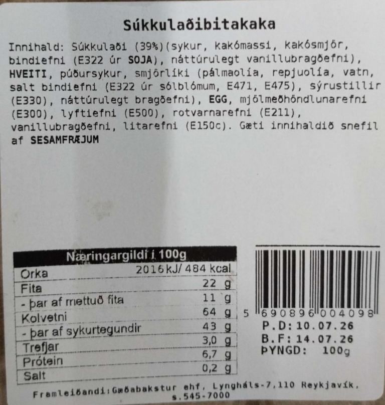 mynd af innihaldslýsingu á súkkulaðibitaköku