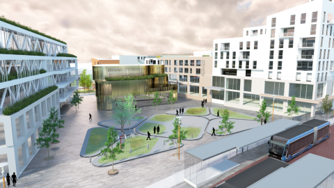Tölvugerð mynd af hugmynd um Krossmýratorg. Torg, grænt svæði, strætó og verslunarhúsnæði.