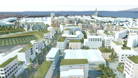 Tölvugerð mynd af Miklubraut. Mörg hús, gróður og Hallgrímskirkja.