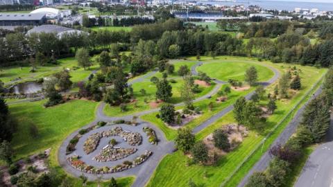 Laugardalurinn, loftmynd yfir Grasagarð Reykjavíkur.