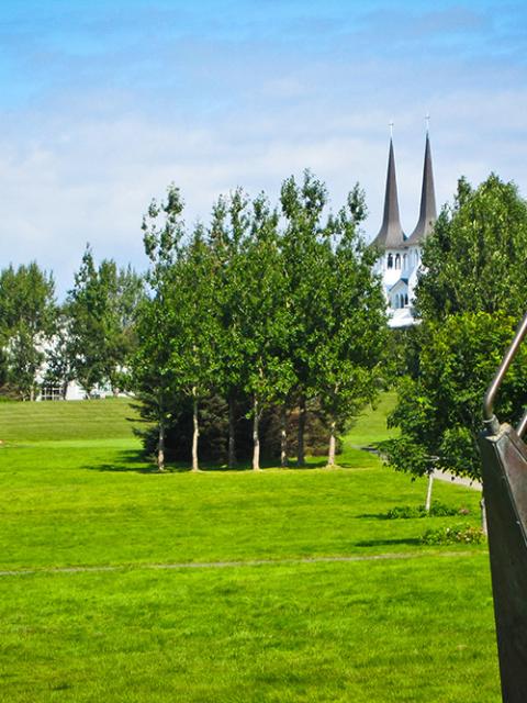 Séð yfir Klambratún á sólríkum degi